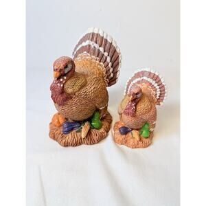 Sry Of 2 Hand Painted Resin Brown Turkeys Fall Harvest Decor